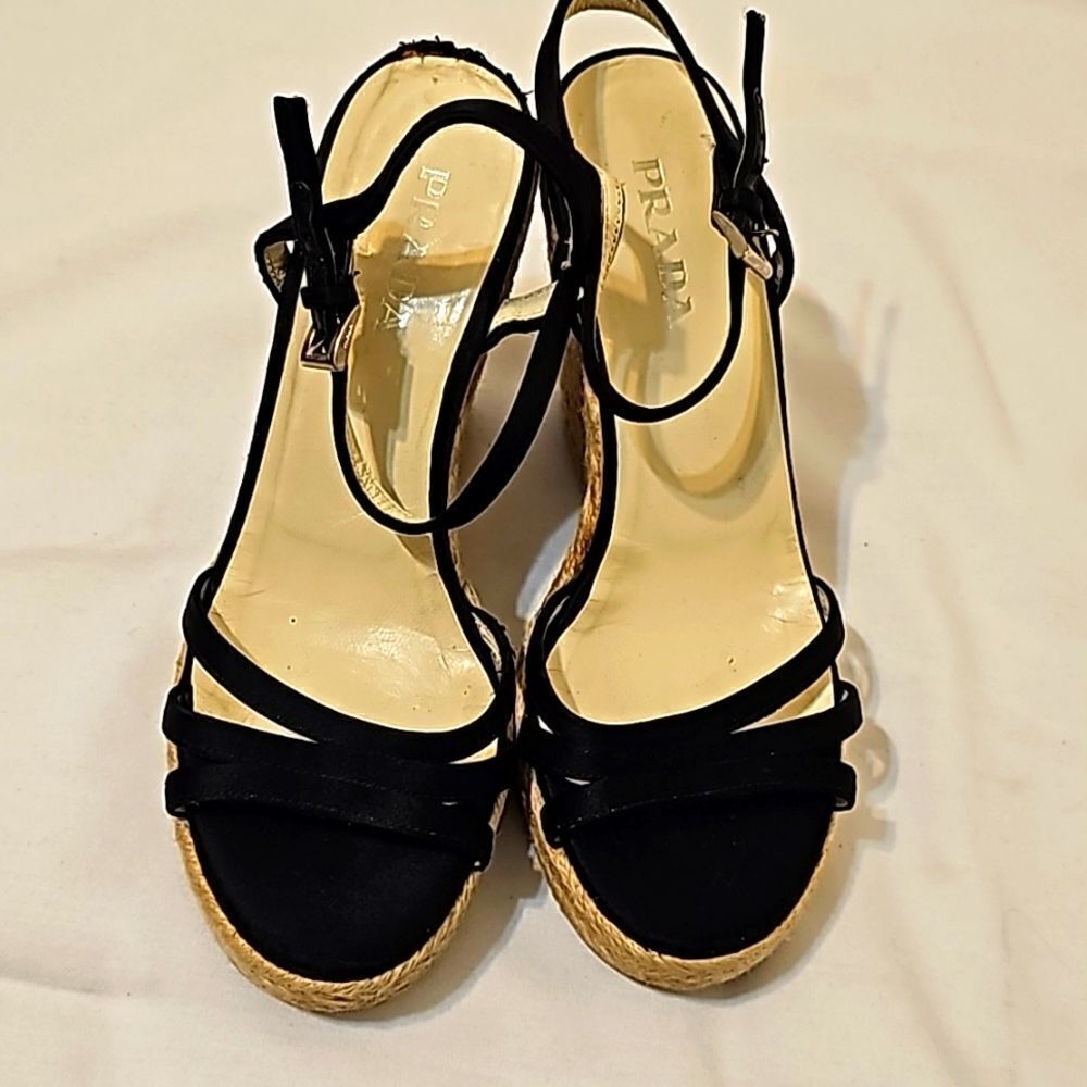 PRADA Black Leather Wedge Espadrilles 7.5